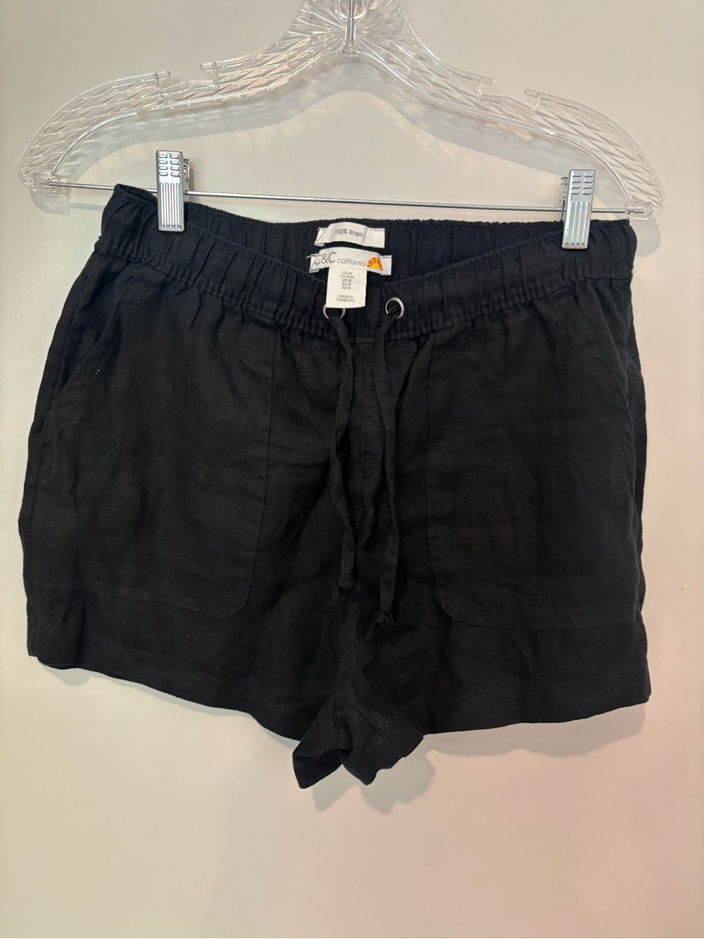 C&C California Black High-Waist Linen Drawstring Shorts M